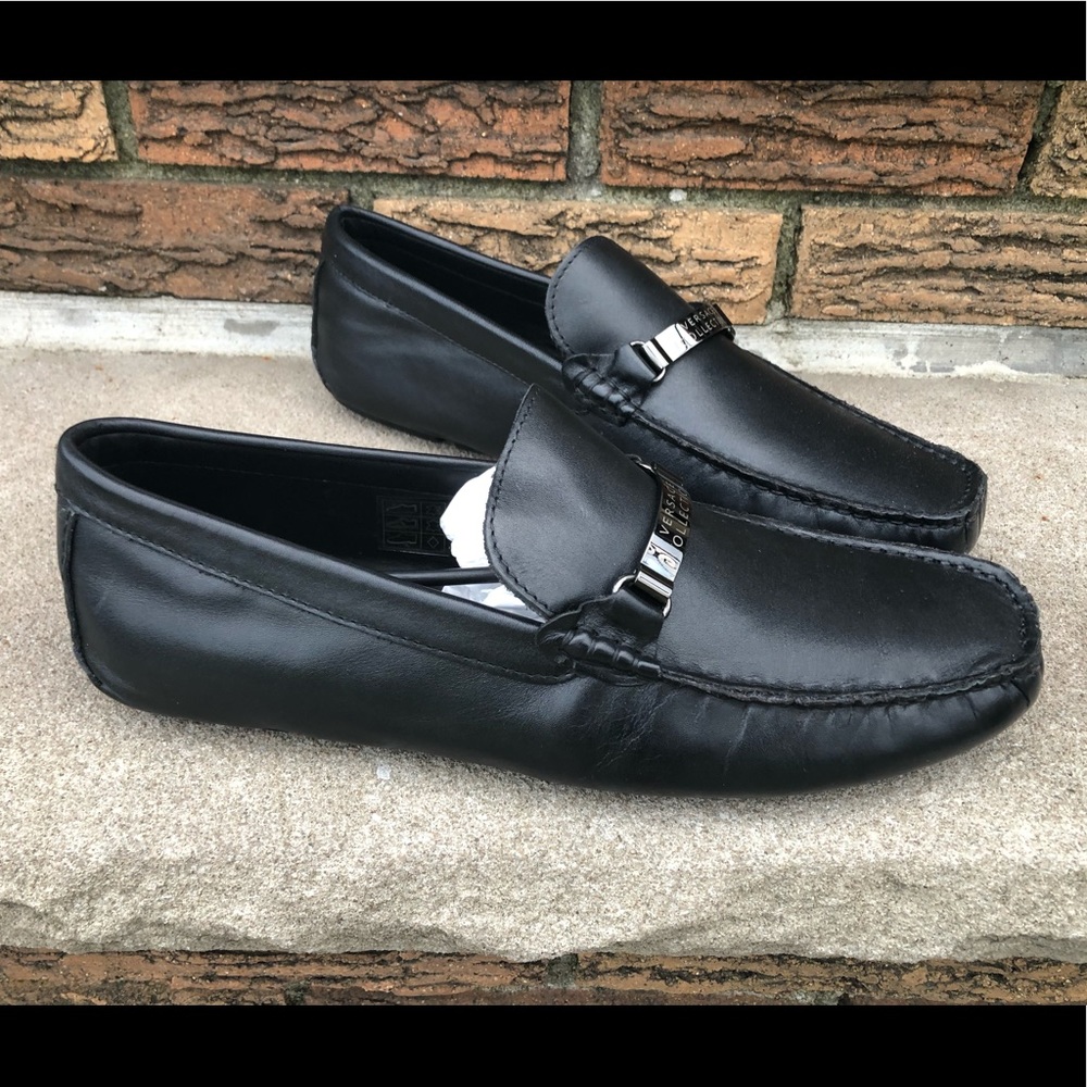 Versace Black Soft Leather Loafers Slip On Size 11